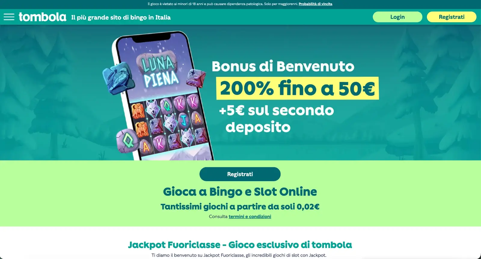 Lobby del casinò italiano tombola; le promozioni visibili possono essere cambiate